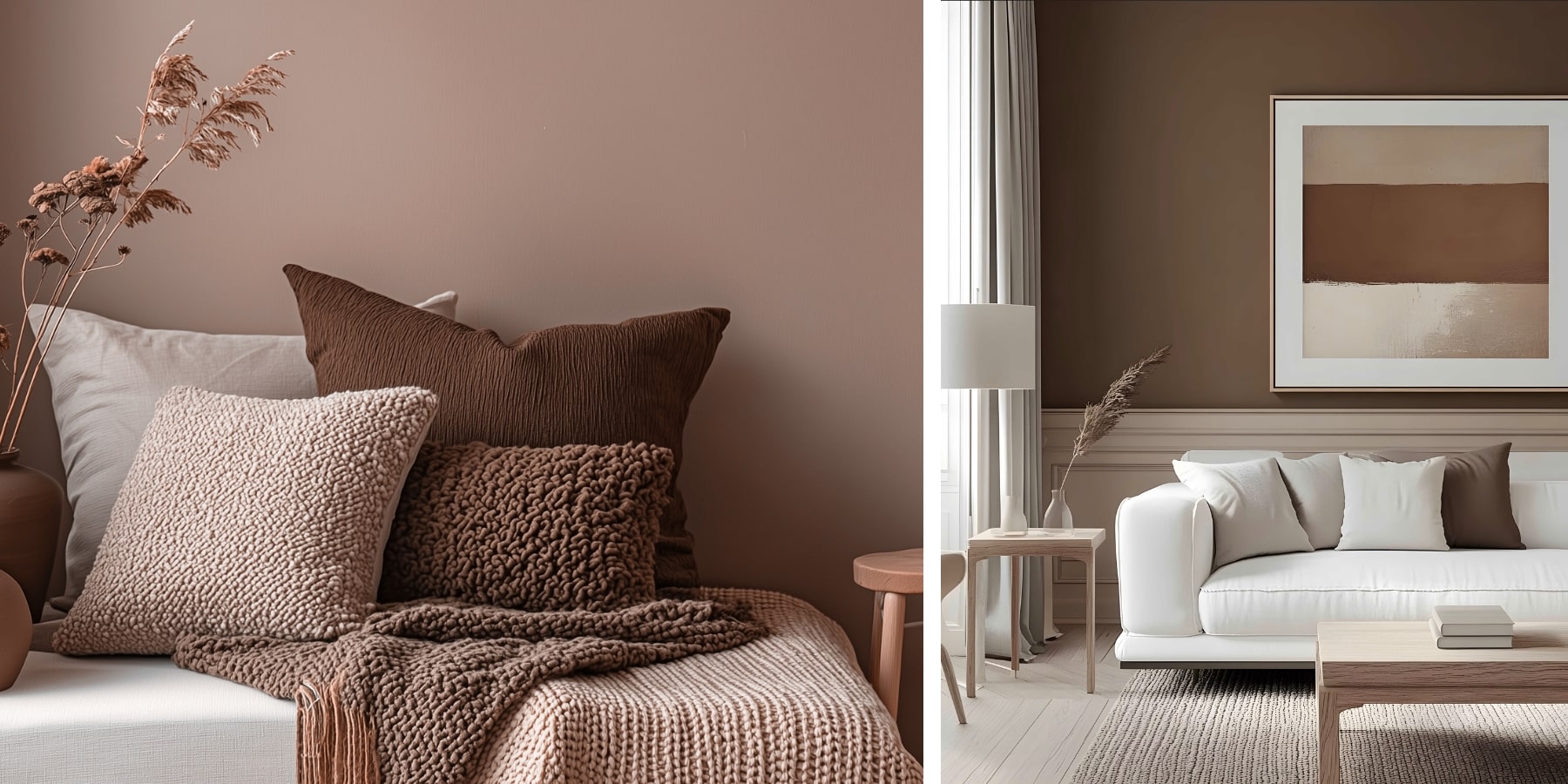 Left: A cozy setup with a neutral-toned sofa featuring textured brown and beige pillows, a knitted throw, and dried floral decor. Right: A living room with a mocha-toned wall, white sofa, minimalist wooden furniture, and abstract artwork.