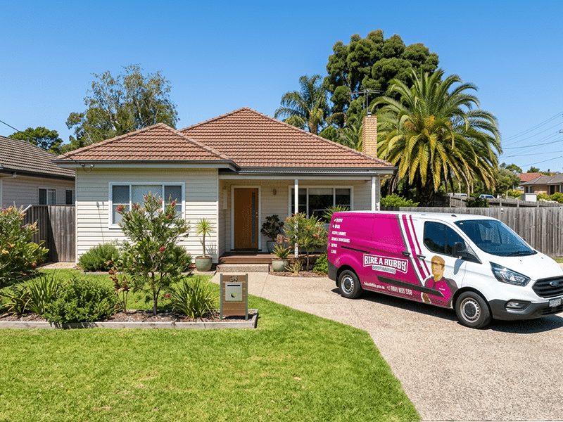 An Australian house in a suburban setting with a nice front lawn where hire a hubby vehicle is at the front for maintenance work.