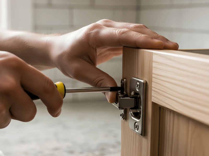 Handyman adding hinges to the flat pack cupboards.