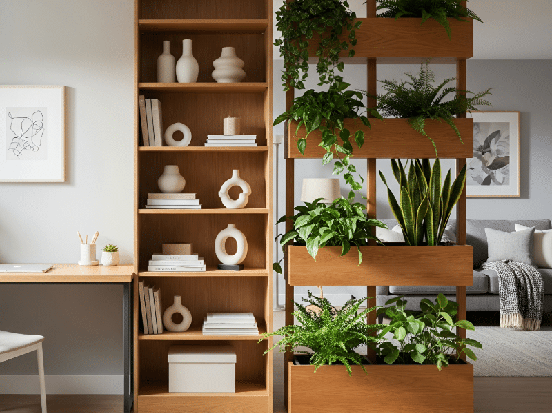 Display shelf can be used as a room divider for extra storage and section off the space.