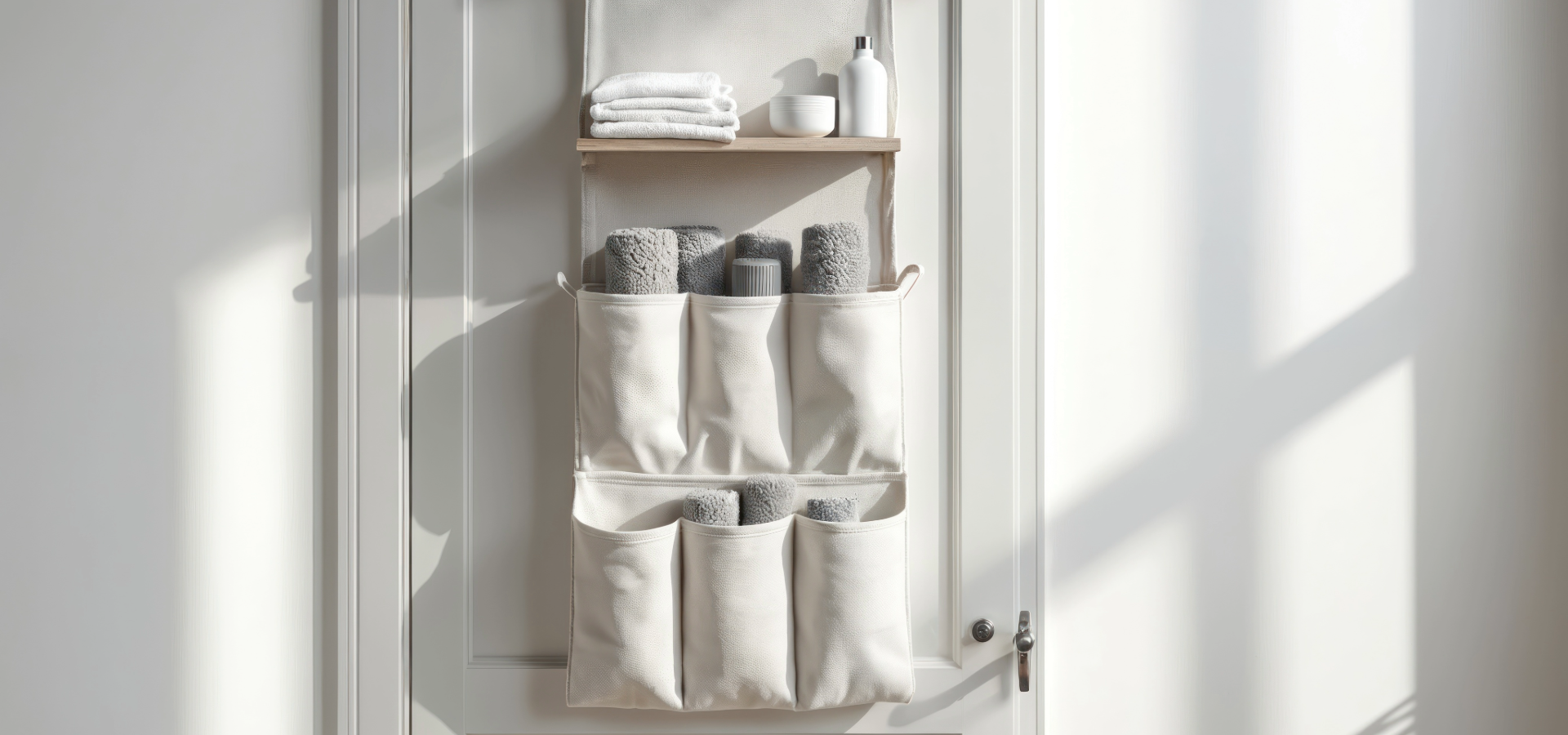 Behind-the-door storage instantly declutters by moving daily essentials out of sight, frees up valuable shelf area.
