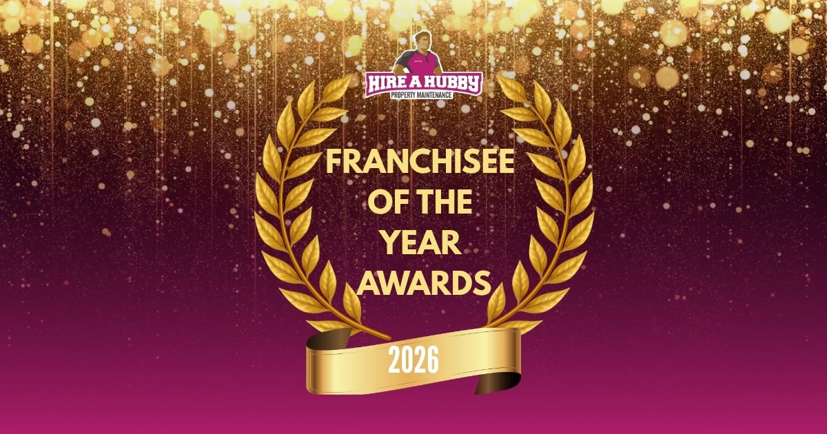 Hire A Hubby Franchisee of the Year Awards 2026 gold banner with laurel wreath and ribbon