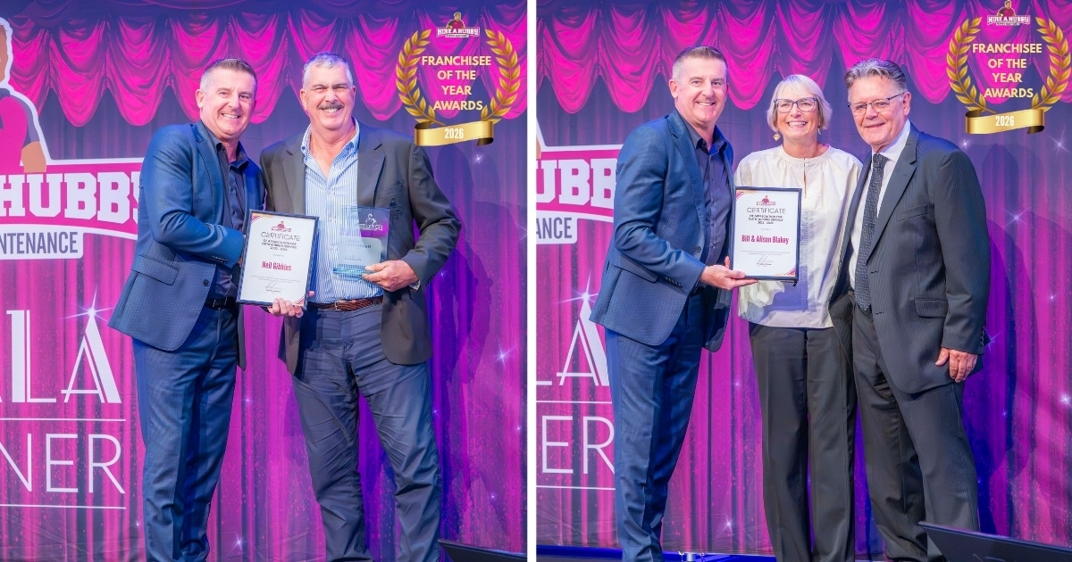 Neil Gibbins, formerly of Hire A Hubby Gladesville, and Bill & Alison Blakey, formerly of Hire A Hubby Campbelltown, receiving Outstanding Service Awards at the 2026 Gala Dinner