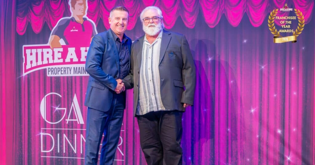 Tony Galloway of Hire A Hubby Pymble being inducted into the Hire A Hubby Hall of Fame at the 2026 Gala Dinner